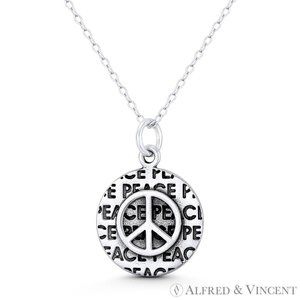 Peace Sign & Engraved Block Script Hippie Charm in Oxidized .925 Sterling Silver